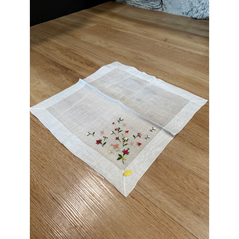 Vintage Swiss Cotton Handkerchief Embroidered Floral Rosebud White Hemstitch 12"